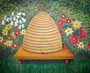 Picture of a beehive with bees around it, used as introductory image of community.